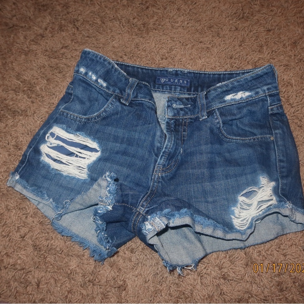 Guess Blue Distressed Jean Shorts Y2K Casual Summer Denim Minimalist